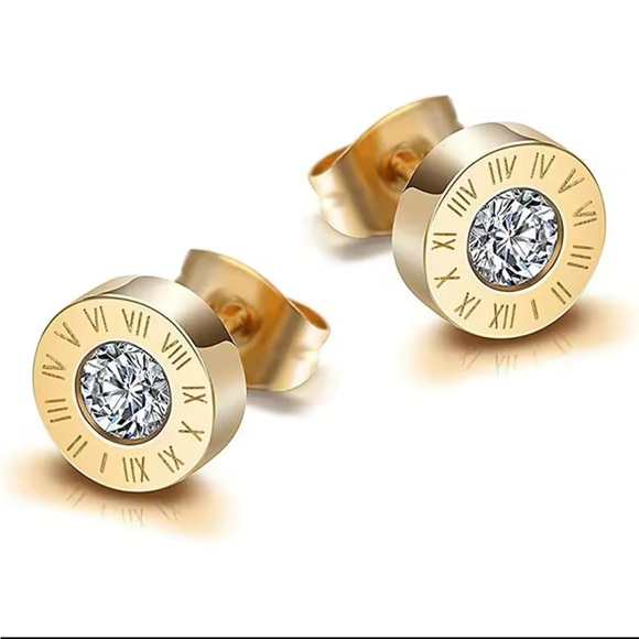 Gold Roman Numeral Stud Earrings - Picture 1 of 2